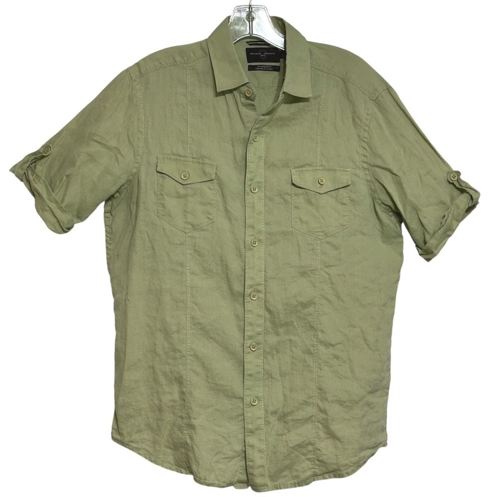 Black Brown 1826 Button Down Mens Green‎ Linen Roll Tab Tailored Fit Coastal M
